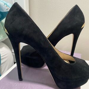 Michael Kors Black Suede Heels with Gold Accents